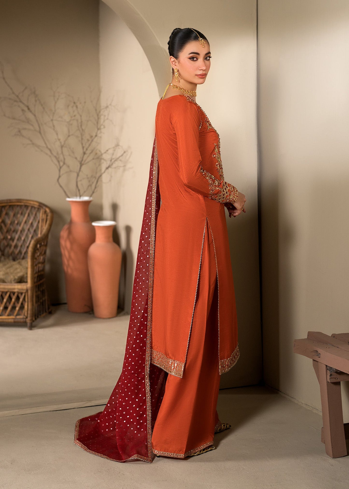 Rust Orange Heavy Embroidered Chiffon Dupatta Suit Online in Sri Lanka India Australia