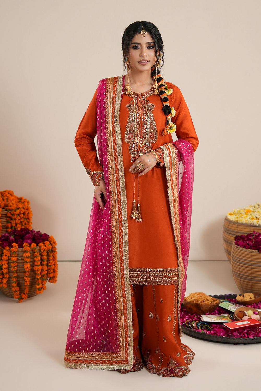 Rust Orange Heavy Embroidered Raw Silk Sharara Suit Online in Dubai UAE Abudhabi Ajman Sharjah