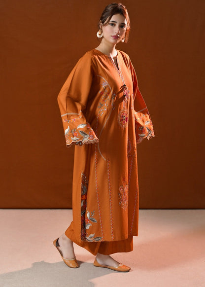 Rust Orange Khaddar Kurta Set with Wide Leg Trousers Online in Dubai UAE Abudhabi Ajman Sharjah