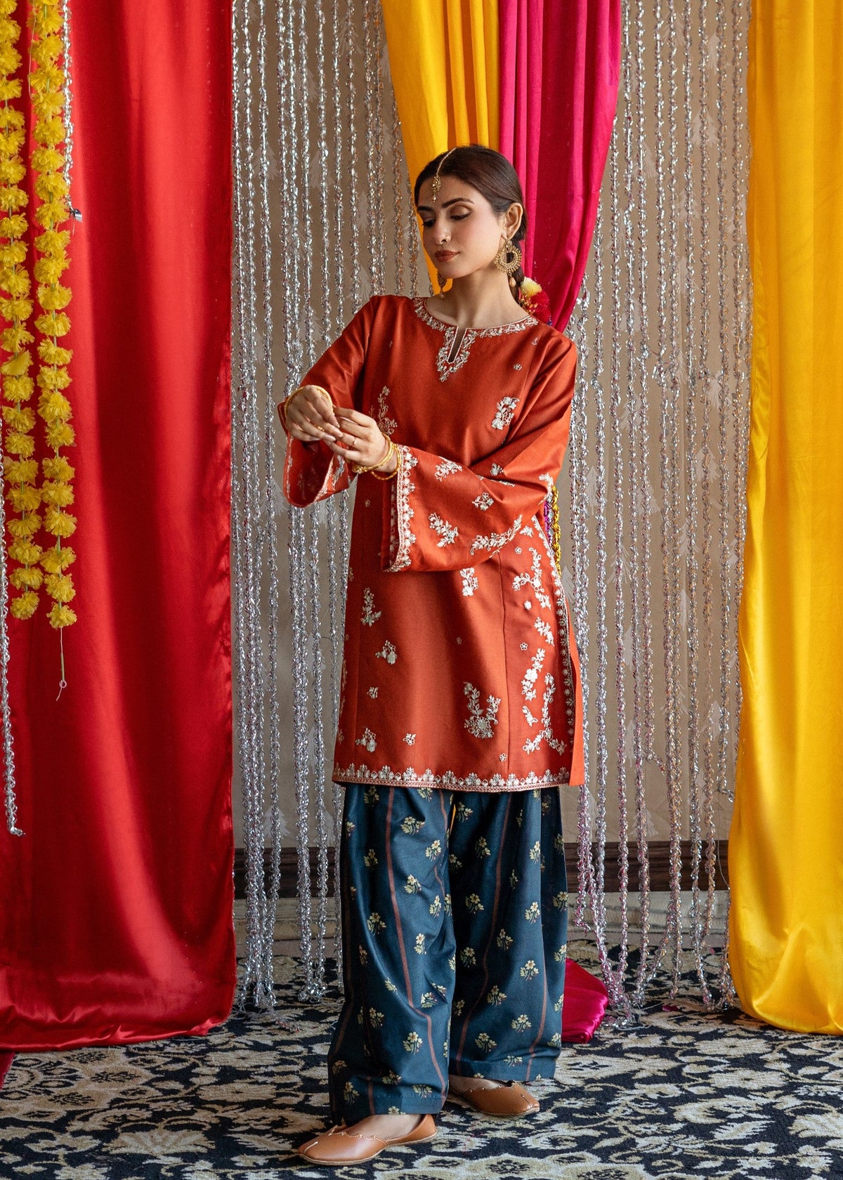 Rust Orange Lawn Farshi Shalwar Online in UK USA Canada