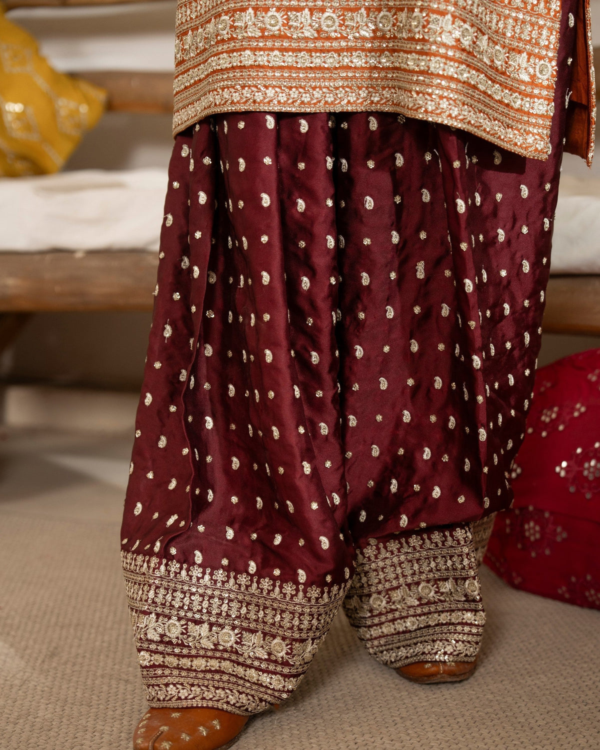Rust Orange Sequins Work Shamoz Silk Designer Salwar Kameez Online in KSA Riyadh Saudi Arabia Oman Bahrain Qatar