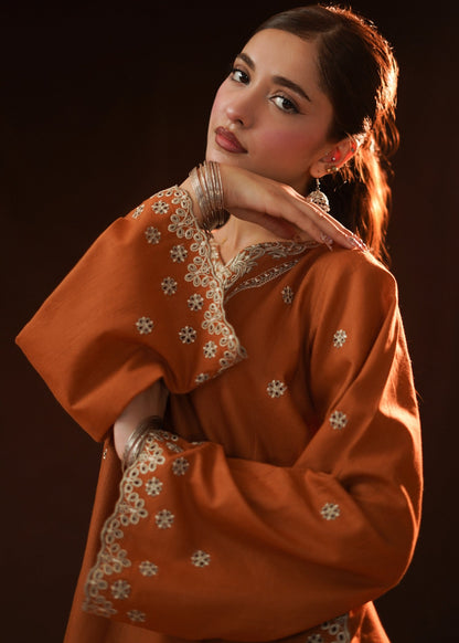 Rust Orange Slub Khaddar Chikankari Embroidered Kurta Set Online in Dubai DXB UAE Abudhabi Meena Bazaar