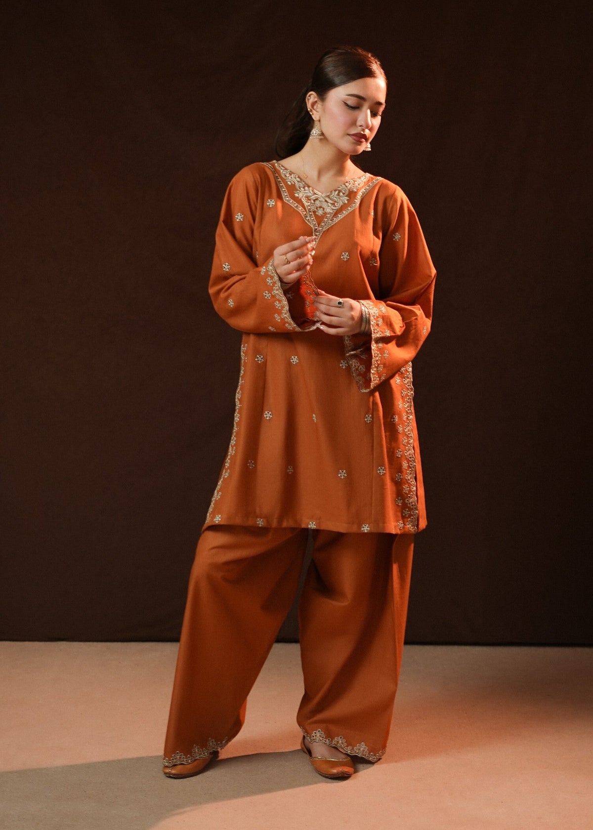 Rust Orange Slub Khaddar Chikankari Embroidered Online in Dubai DXB UAE Abudhabi Meena Bazaar
