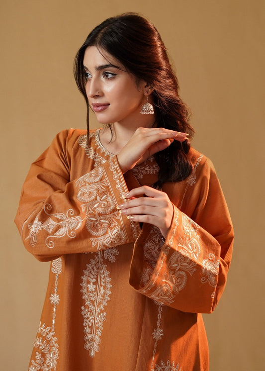 Rust Orange Slub Khaddar Embroidered Kurta Set Online in Sri Lanka India Australia