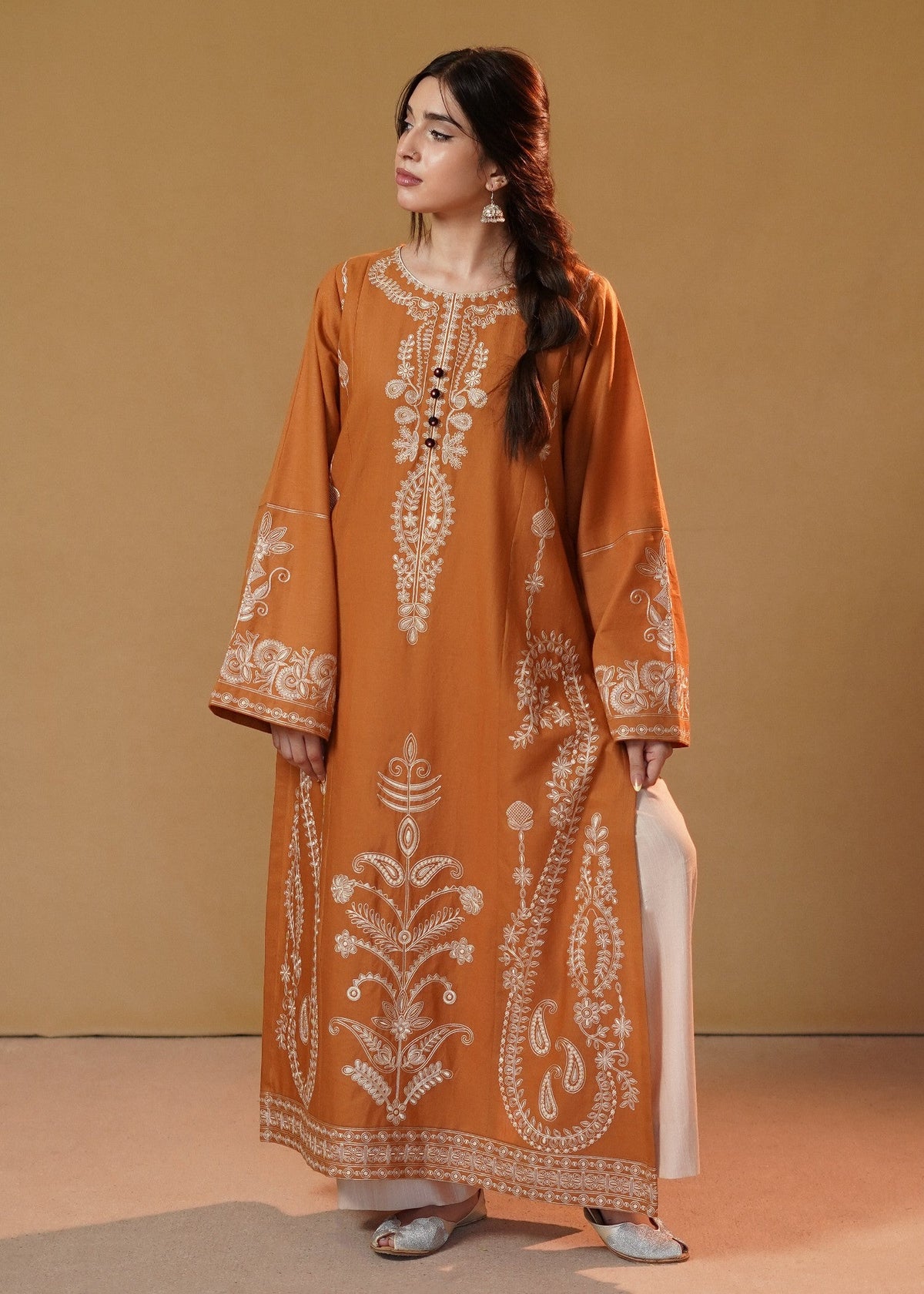 Rust Orange Slub Khaddar Embroidered Kurta Set Online in Sri Lanka India Australia