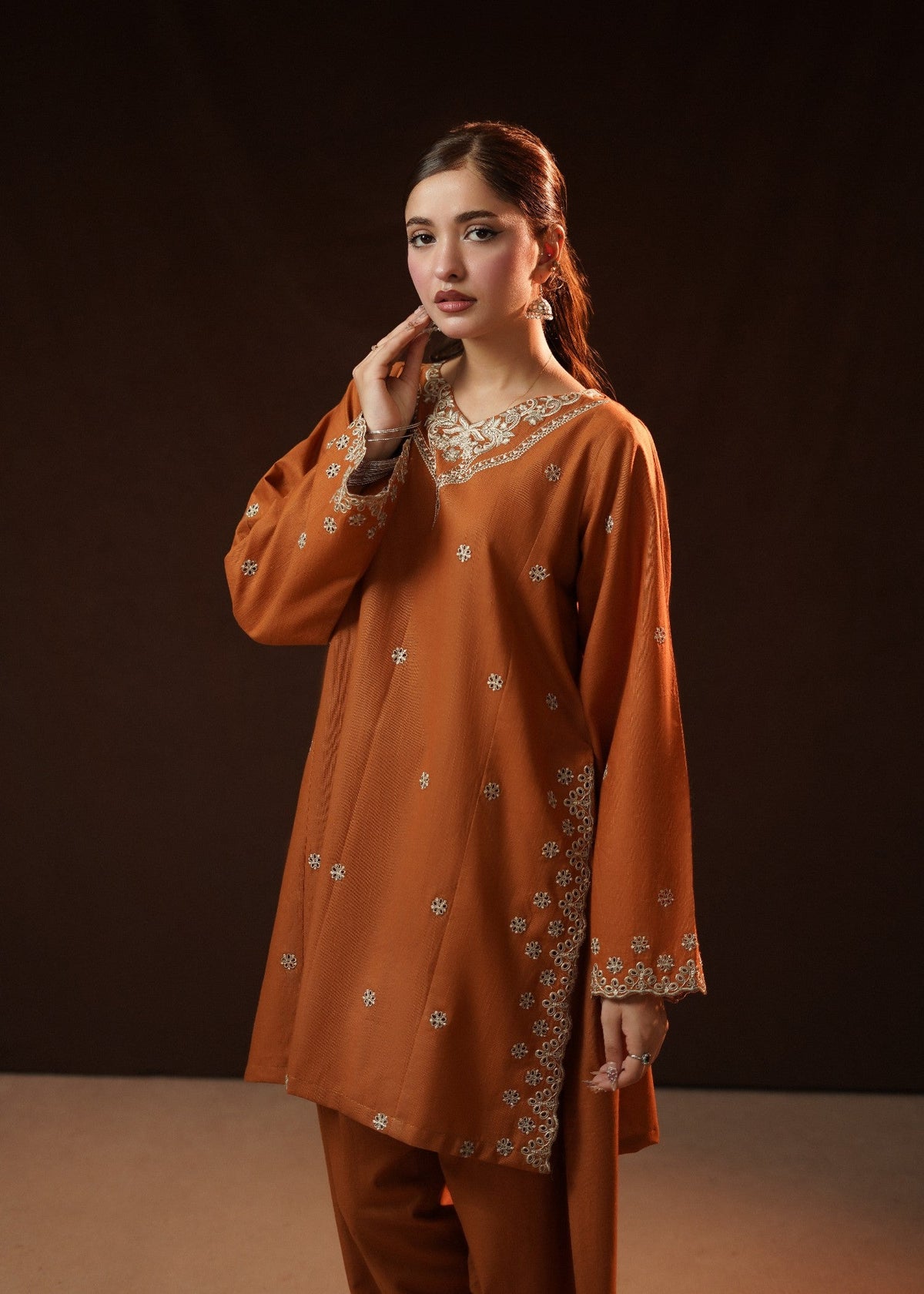 Rust Orange Winter Wear Chikankari Kurta Set with Farshi Shalwar Online in KSA Riyadh Saudi Arabia Oman Bahrain Qatar
