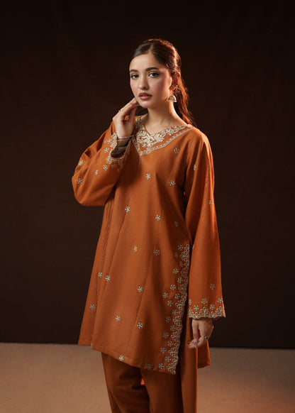 Rust Orange Winter Wear Chikankari Kurta Set with Farshi Shalwar Online in KSA Riyadh Saudi Arabia Oman Bahrain Qatar