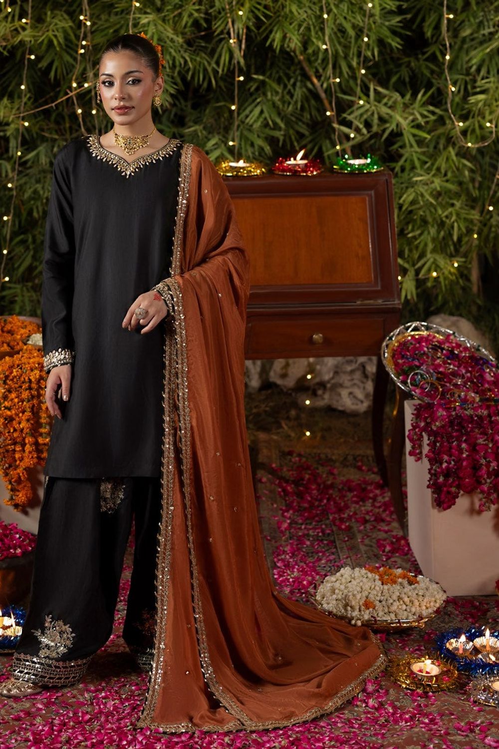 Rust Raw Silk Embroidered Salwar Suit Online in Dubai UAE Abudhabi Ajman Sharjah