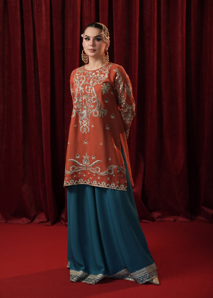 Rust Raw Silk Sharara with Chiffon Dupatta Online in Dubai UAE Abudhabi Ajman Sharjah