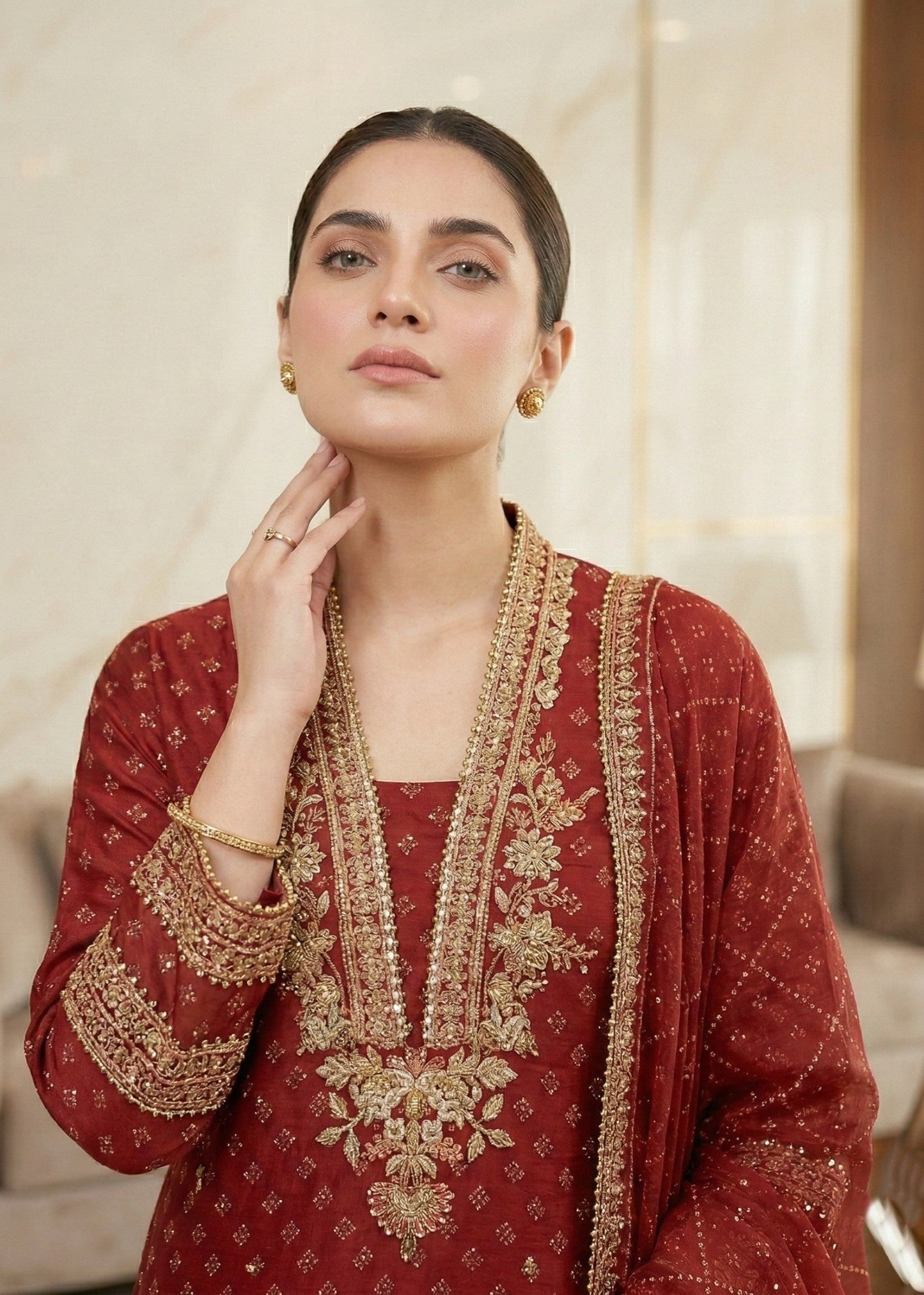 Rust Red Chiffon Farshi Shalwar Dress Online in Dubai DXB UAE Abudhabi Meena Bazaar
