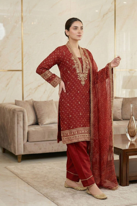 Rust Red Chiffon Farshi Shalwar Suit Online in Dubai UAE Abudhabi Ajman Sharjah
