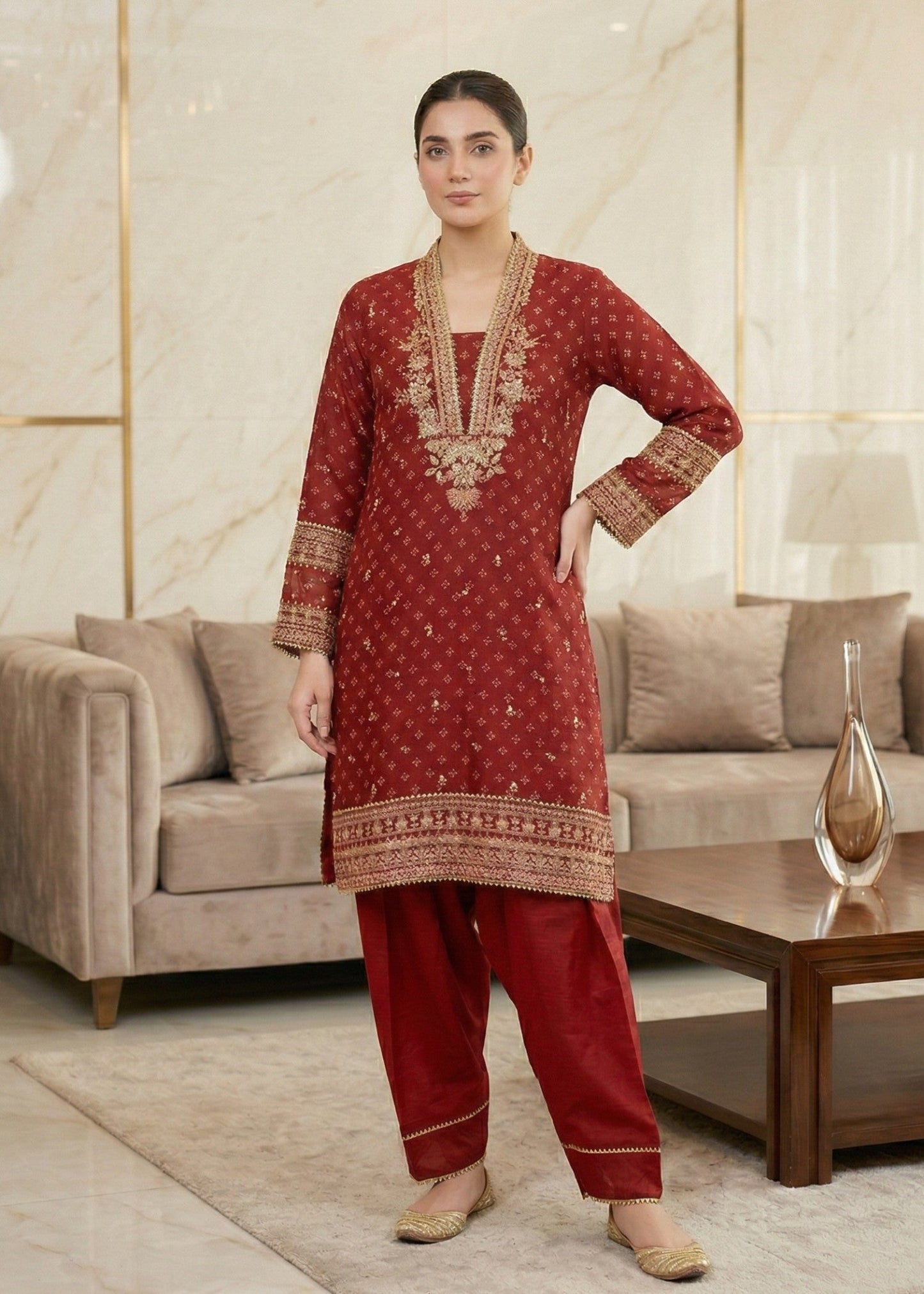 Rust Red Chiffon Festive Suit Online in Sri Lanka India Australia