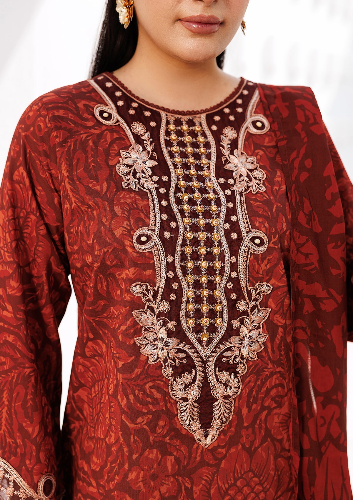 Rust Red Embroidered Lawn Dress Material Online in Dubai DXB UAE Abudhabi Meena Bazaar