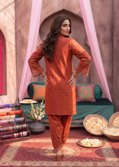 Rust Red Embroidered Lawn Kurta Shalwar Online in Dubai UAE Abudhabi Ajman Sharjah