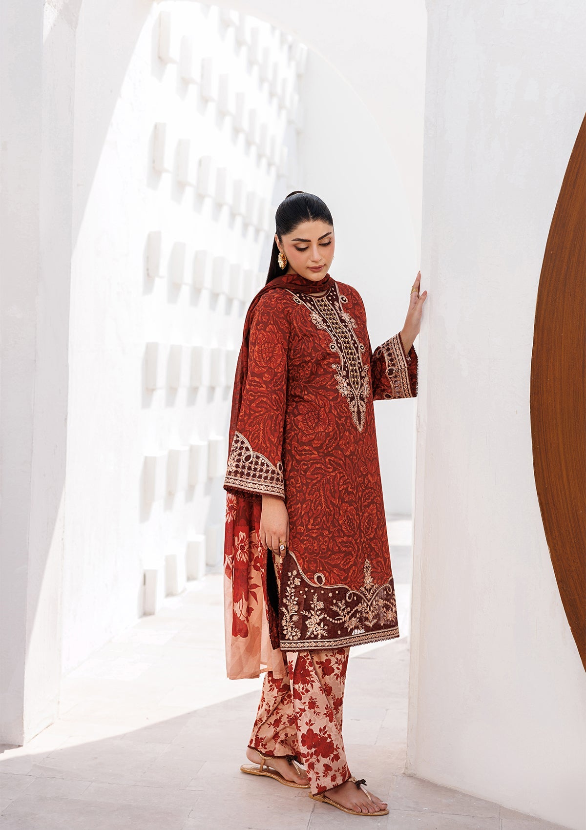Rust Red Embroidered Lawn Salwar Kameez Online in KSA Riyadh Saudi Arabia Oman Bahrain Qatar