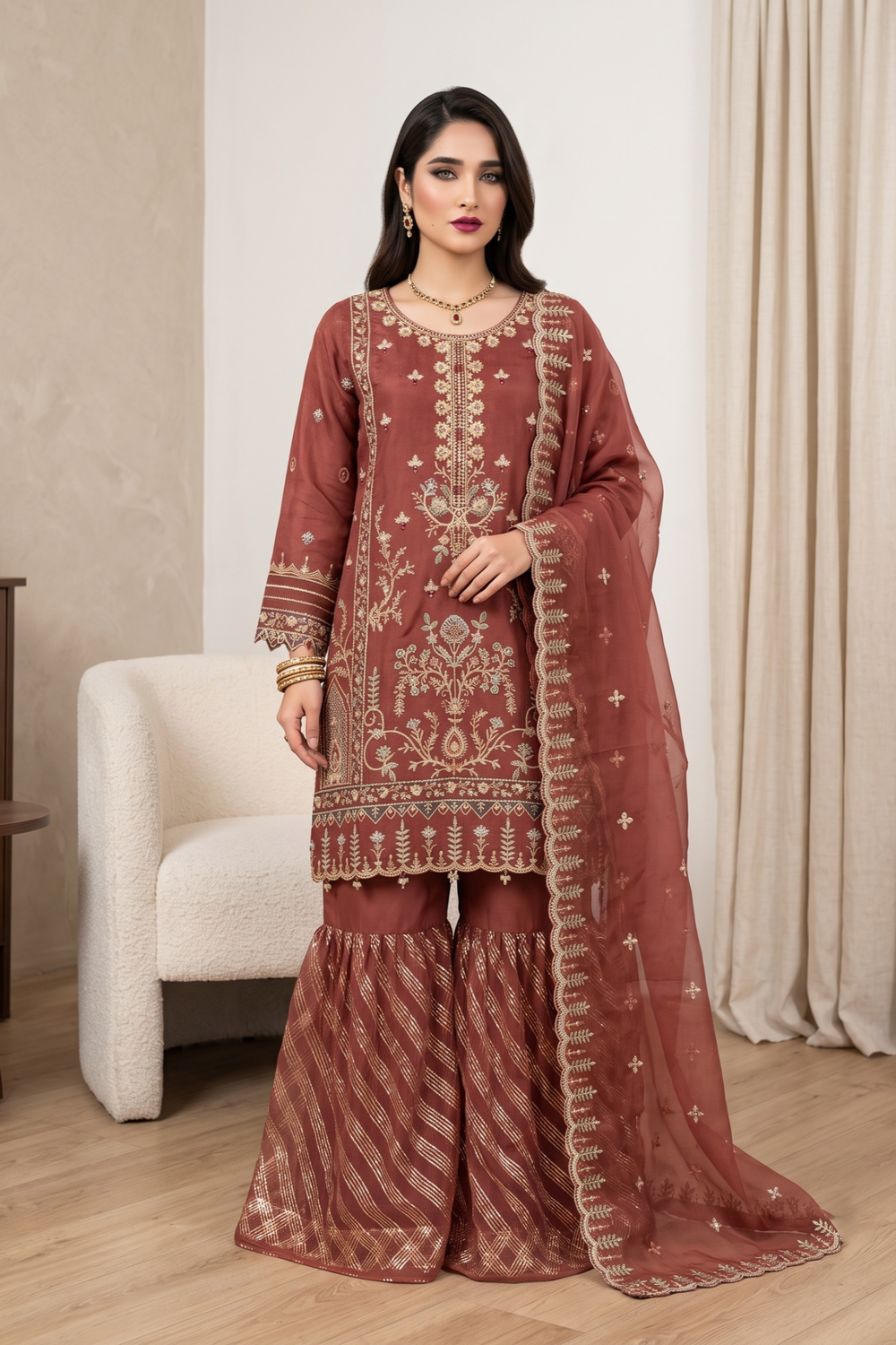 Rust Red Embroidered Organza Gharara Suit Online in Dubai UAE Abudhabi Ajman Sharjah