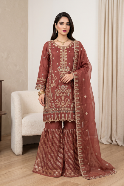 Rust Red Embroidered Organza Gharara Suit Online in Dubai UAE Abudhabi Ajman Sharjah