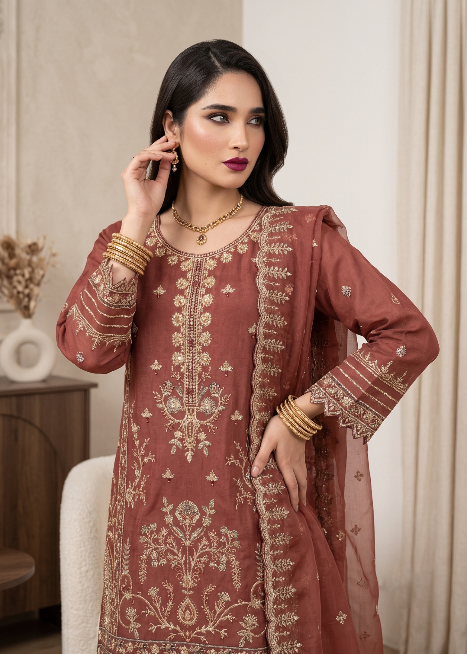 Rust Red Embroidered Organza Salwar Suit Online in Sri Lanka India Australia
