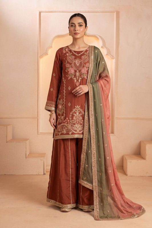 Rust Red Embroidered Raw Silk Sharara Online in Dubai UAE Abudhabi Ajman Sharjah
