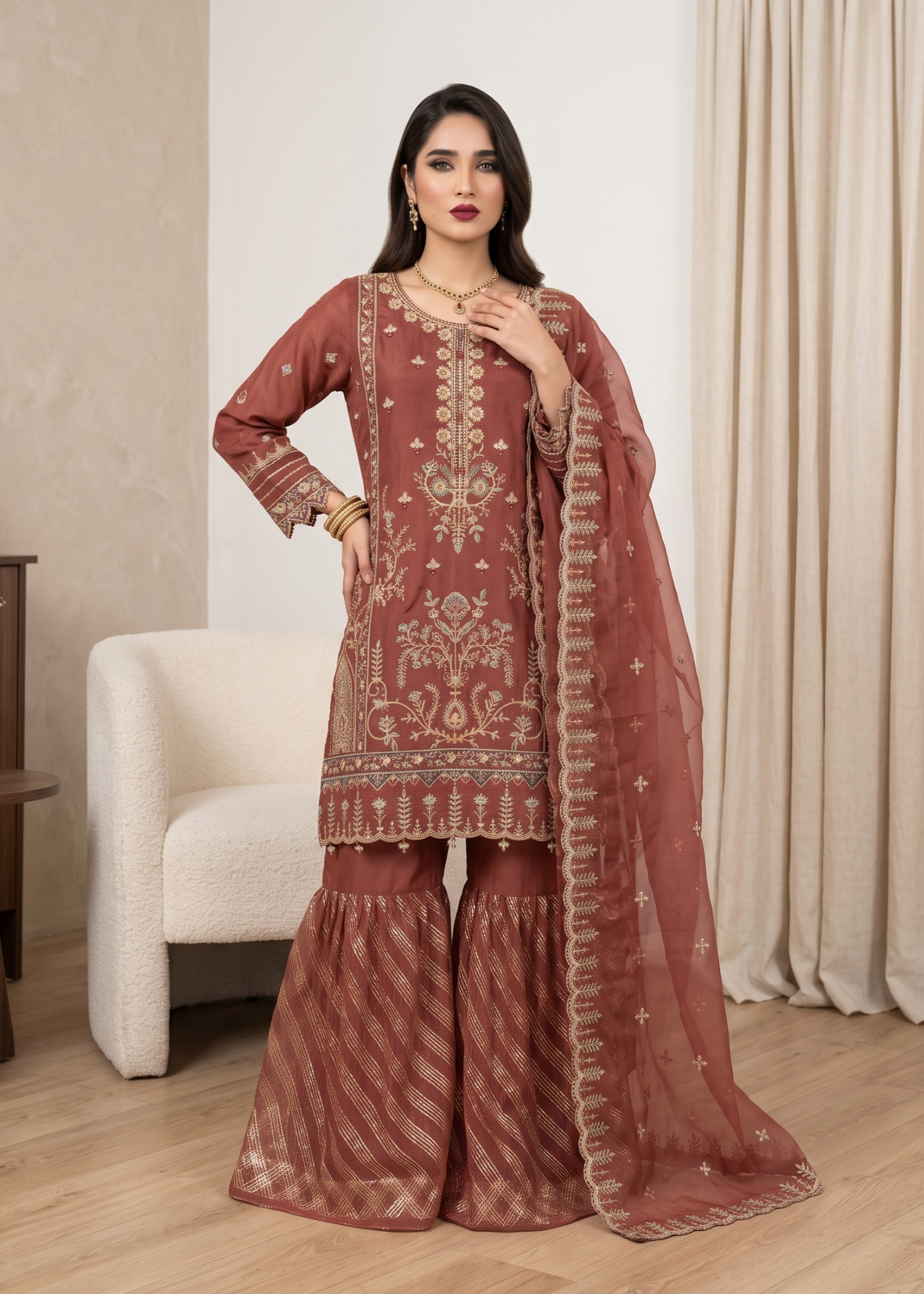 Rust Red Organza Pakistani Suit Online in Dubai UAE Abudhabi Ajman Sharjah