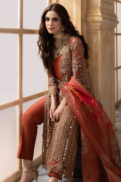 Orange Heavy Embroidered Chiffon Suit with Handmade Details