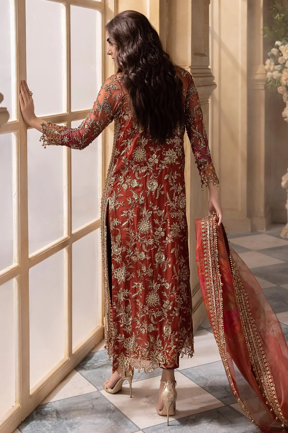 Orange Heavy Embroidered Chiffon Suit with Handmade Details