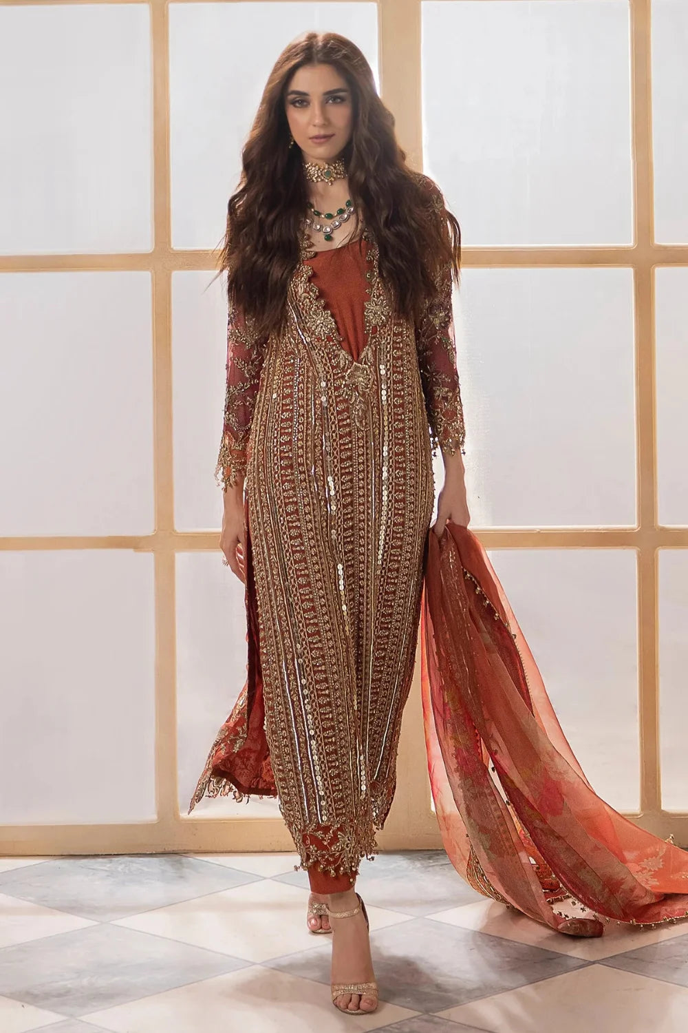 Orange Heavy Embroidered Chiffon Suit with Handmade Details