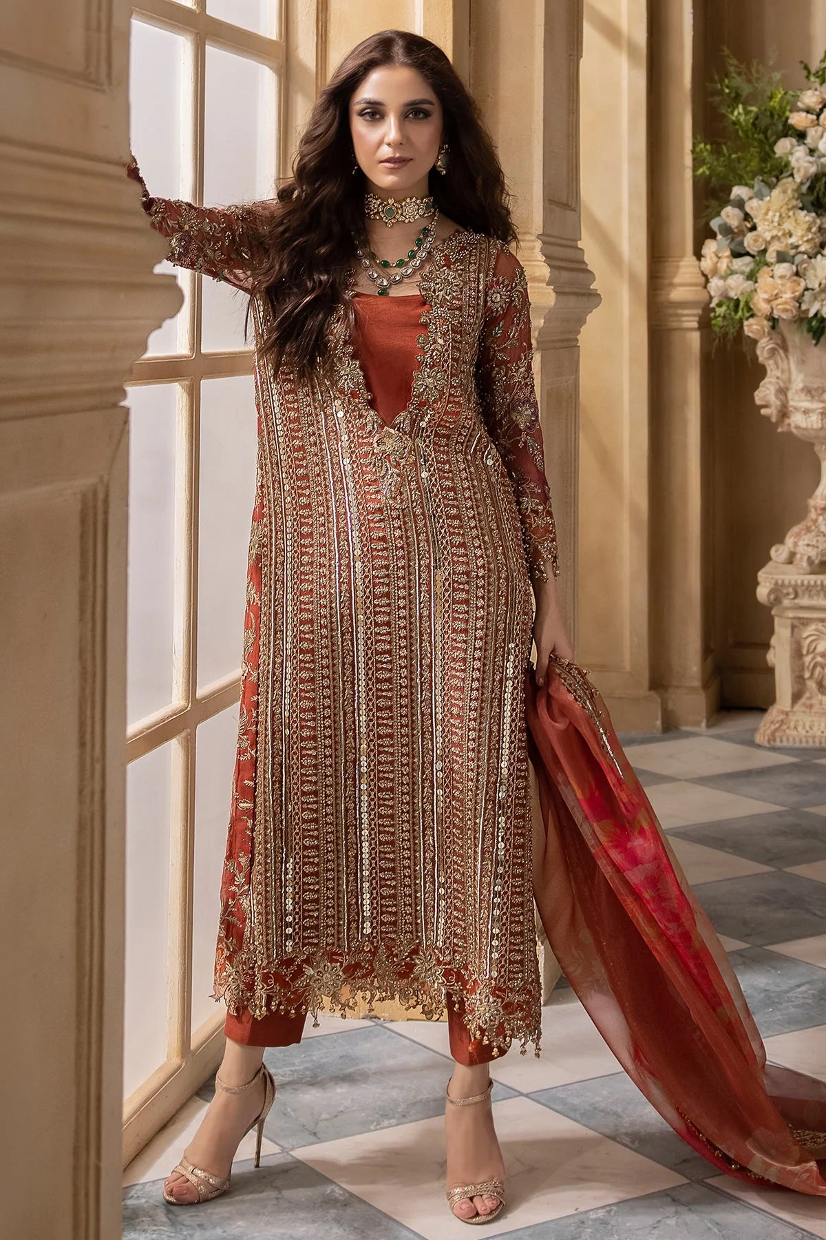 Orange Heavy Embroidered Chiffon Suit with Handmade Details