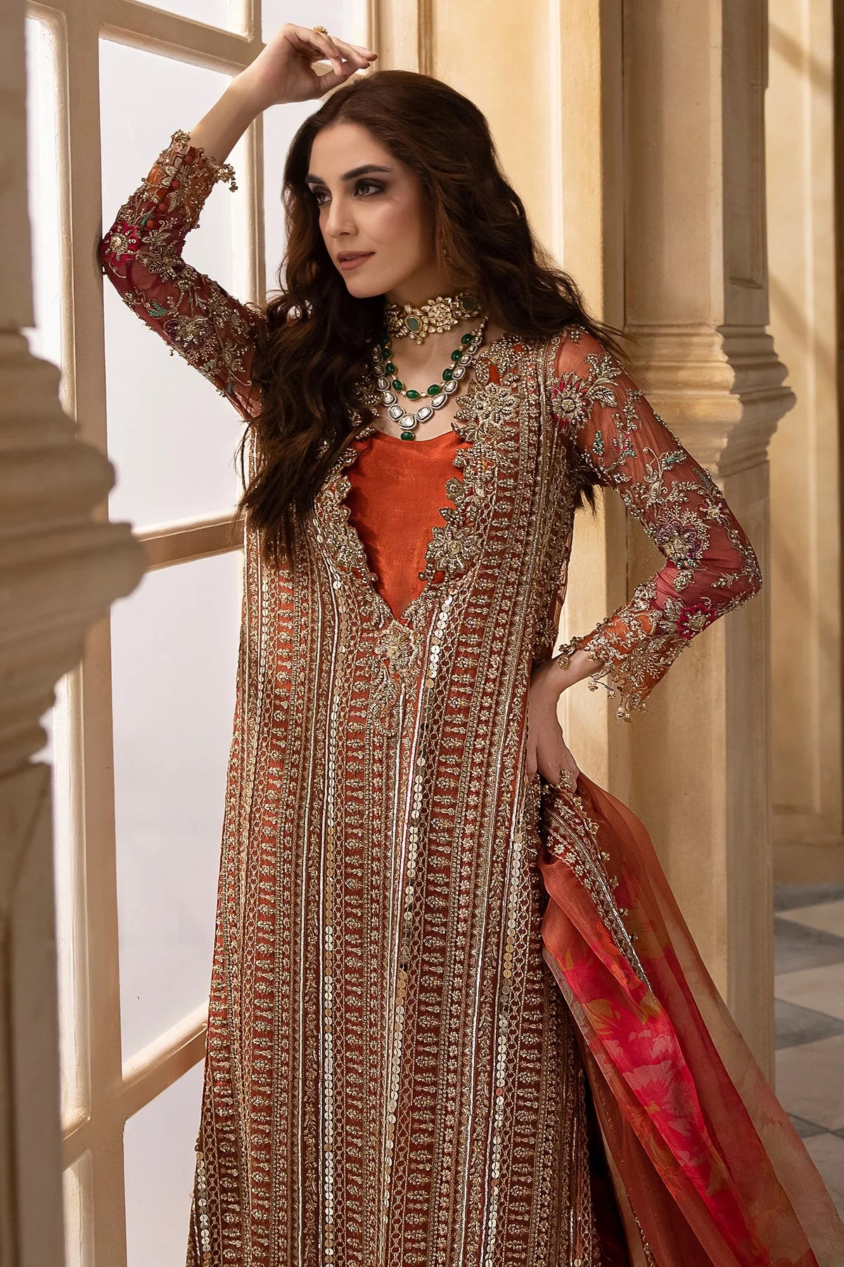 Orange Heavy Embroidered Chiffon Suit with Handmade Details