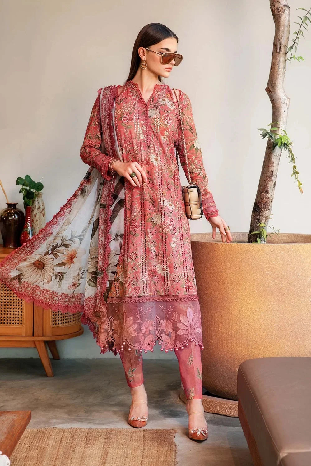 Rust Chikankari Embroidered Lawn Suit