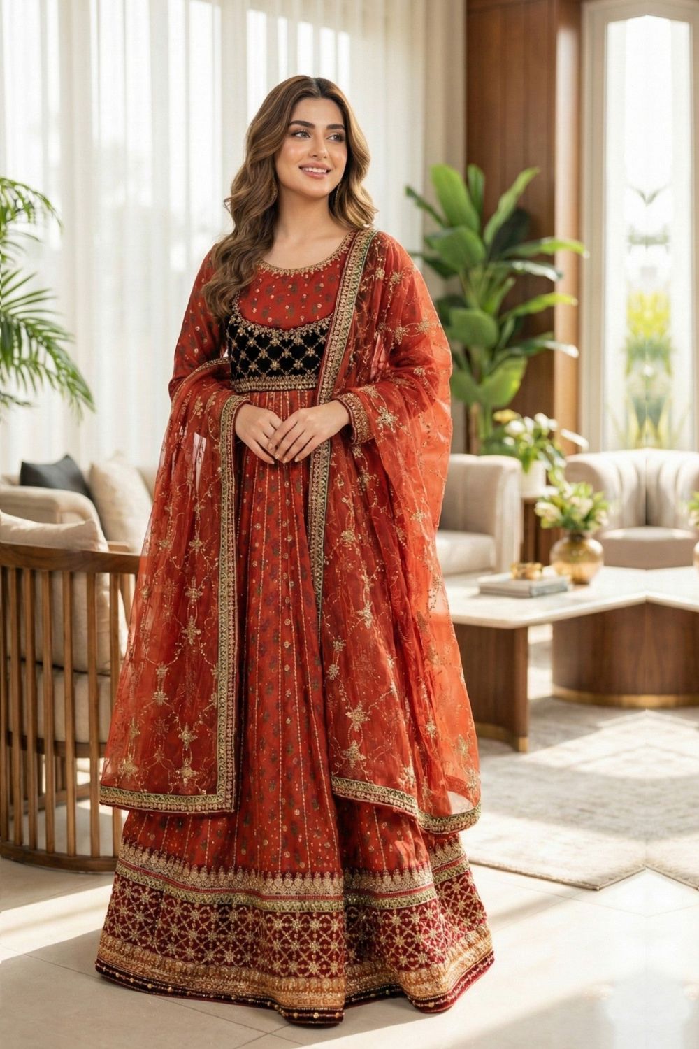 Rustic Brown Embroidered Raw Silk Flared Maxi Suit Online in Dubai UAE Abudhabi Ajman Sharjah