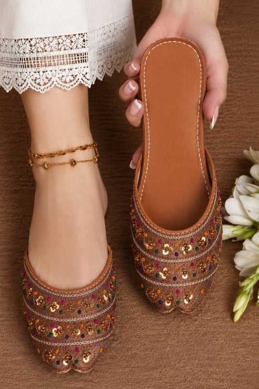 Saddle Brown Embroidered Khussa Ladies Ethnic Shoes Online in Dubai UAE Abudhabi Ajman Sharjah