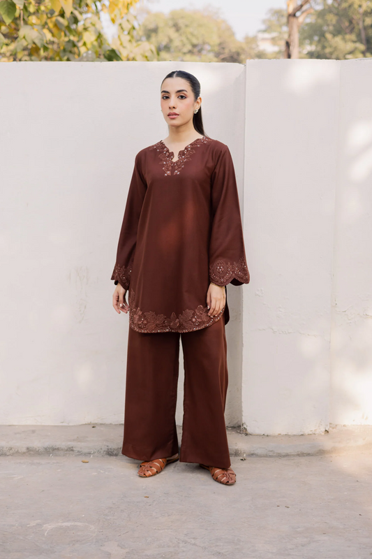 Saddle Brown Embroidered Lawn Kurta Set Online in Dubai UAE Abudhabi Ajman Sharjah