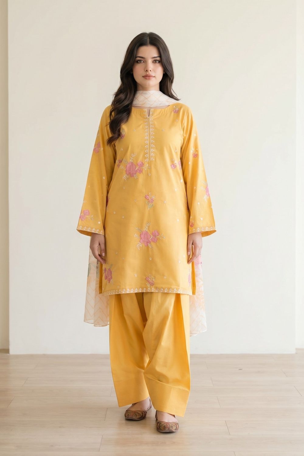 Saffron Embroidered Dhanak Kurta Set Online in Dubai UAE Abudhabi Ajman Sharjah