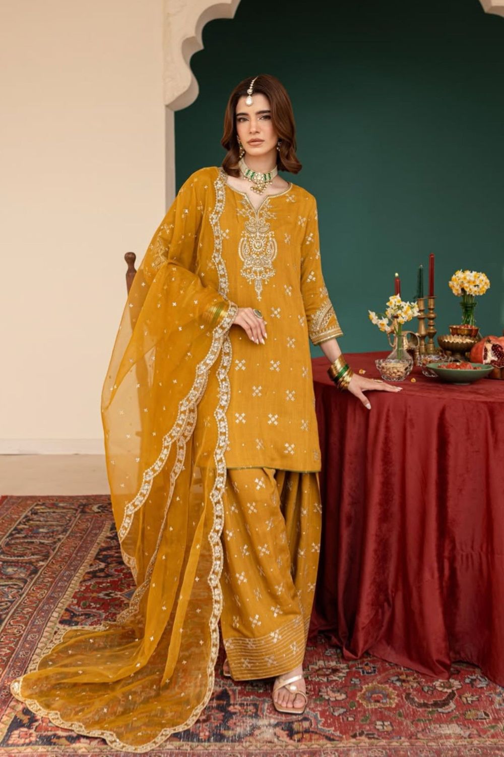Saffron Embroidered Lawn Cotton Kurta Set Online in Dubai UAE Abudhabi Ajman Sharjah