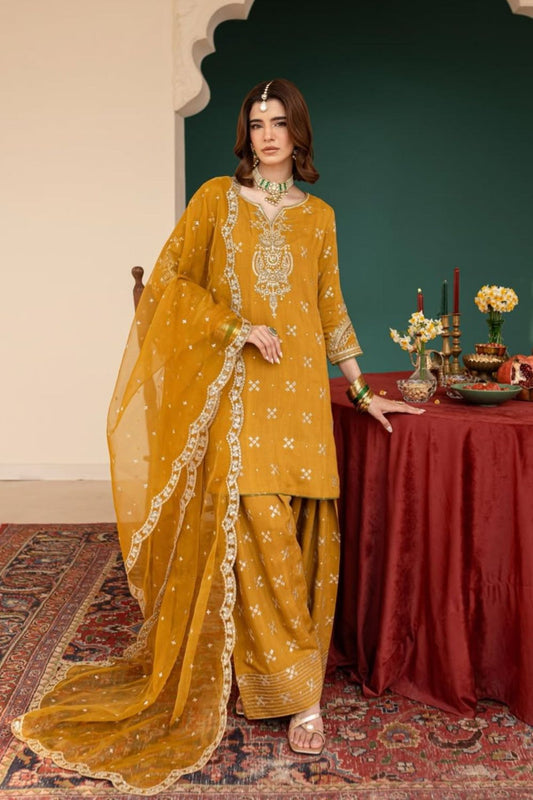 Saffron Embroidered Lawn Cotton Kurta Set Online in Dubai UAE Abudhabi Ajman Sharjah