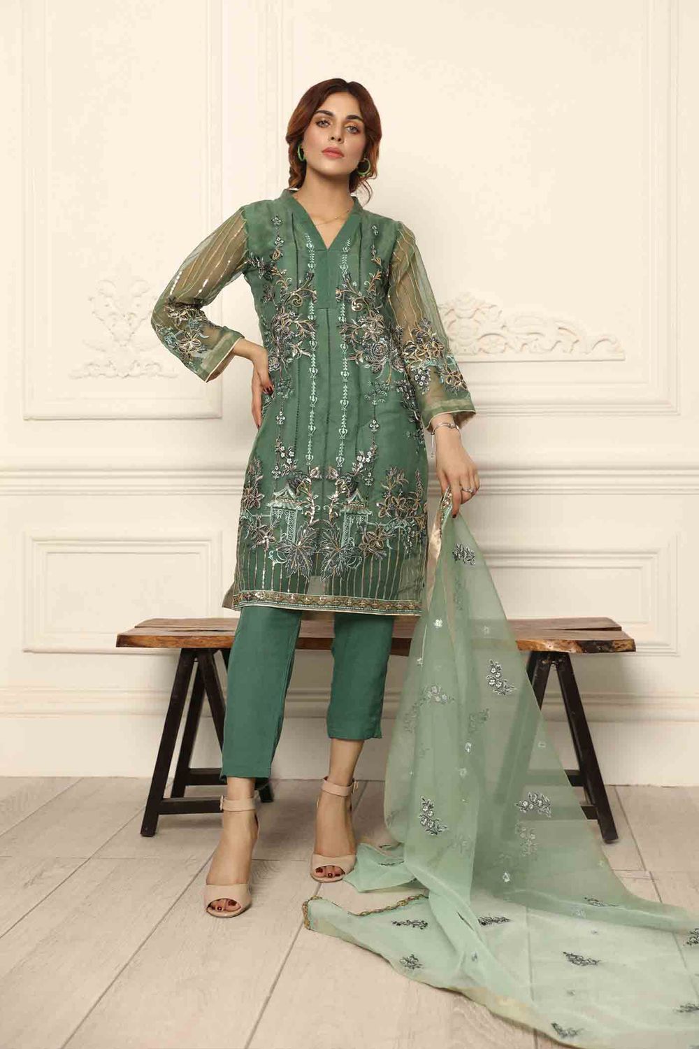 Sage Green Adda Work Organza Pakistani Suit Online in Dubai UAE Abudhabi Ajman Sharjah