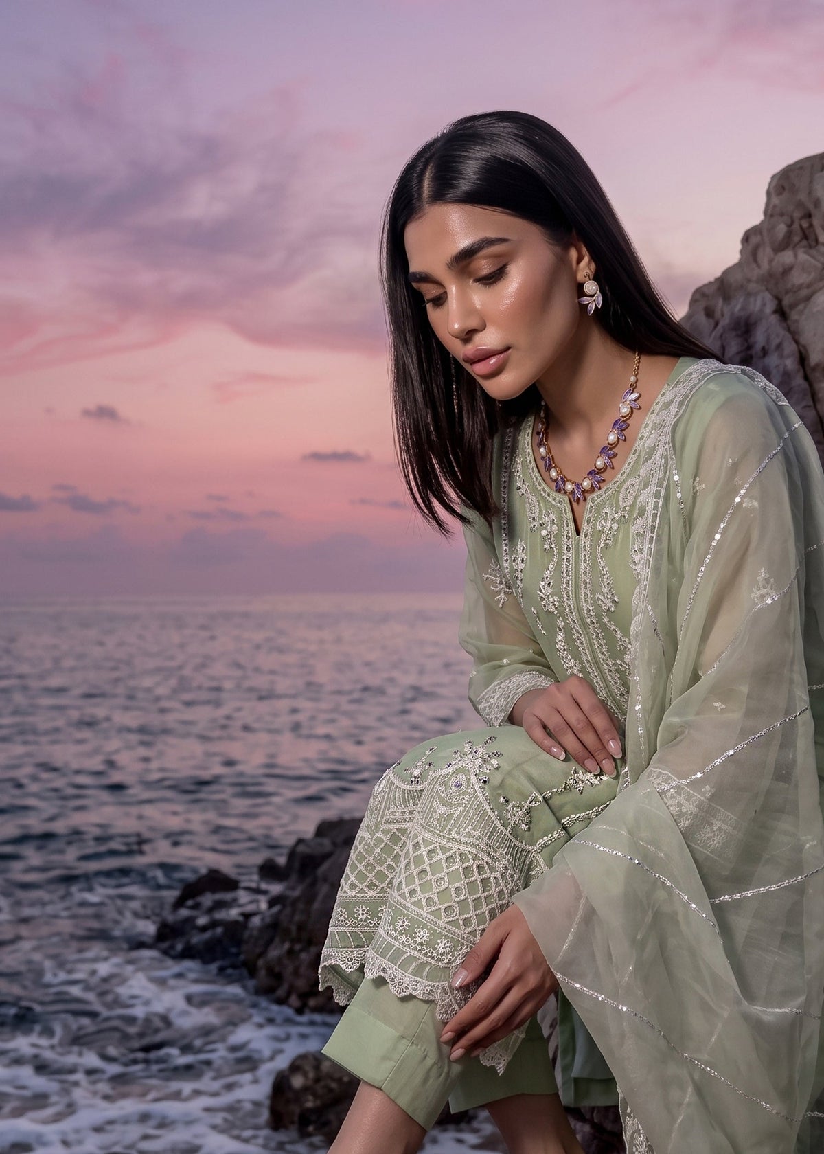 Sage Green Chiffon Embroidered Salwar Kameez Online in KSA Riyadh Saudi Arabia Oman Bahrain Qatar