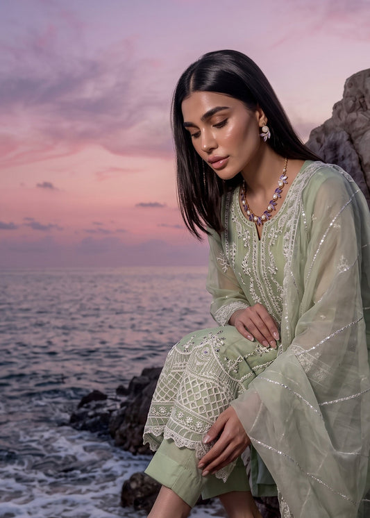 Sage Green Chiffon Embroidered Salwar Kameez Online in KSA Riyadh Saudi Arabia Oman Bahrain Qatar