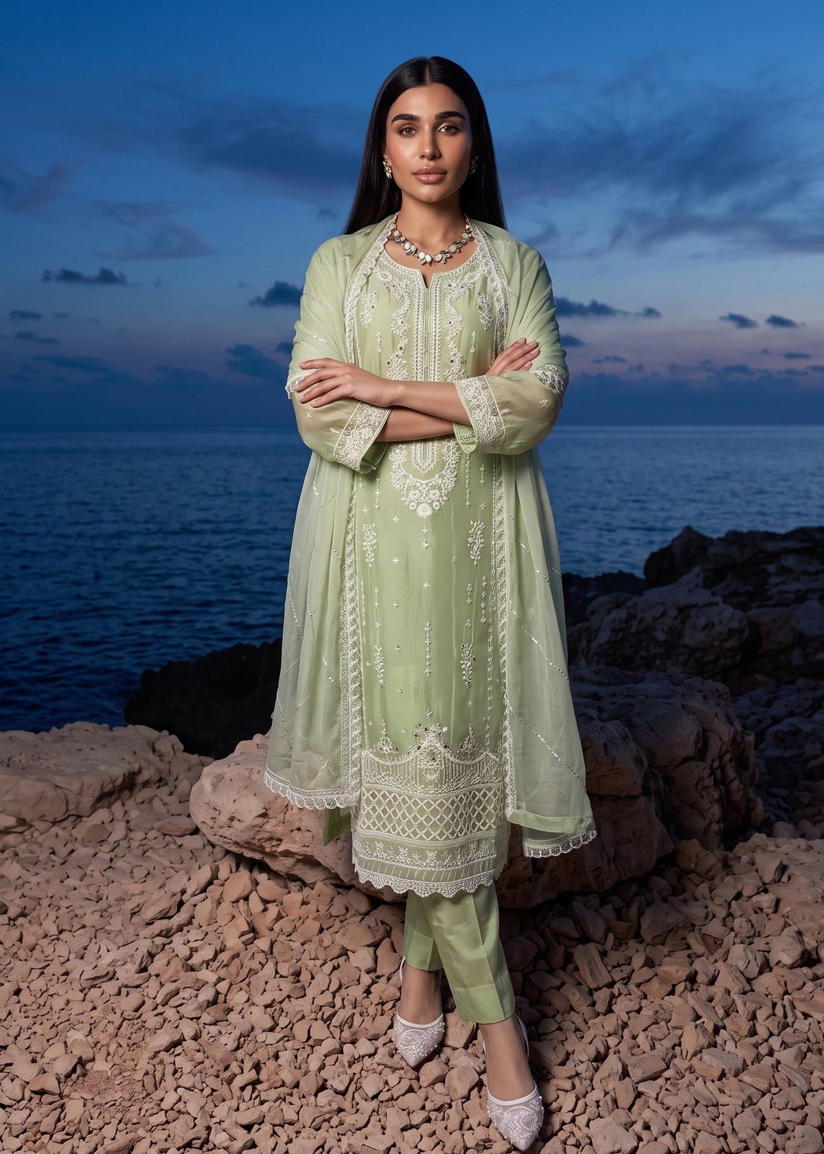 Sage Green Chiffon Pakistani Designer Suit Online in Sri Lanka India Australia