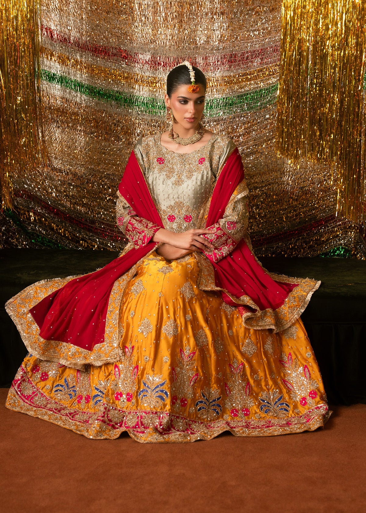 Sage Green Choli with Mustard Lehenga and Red Dupatta Online in KSA Riyadh Saudi Arabia Oman Bahrain Qatar