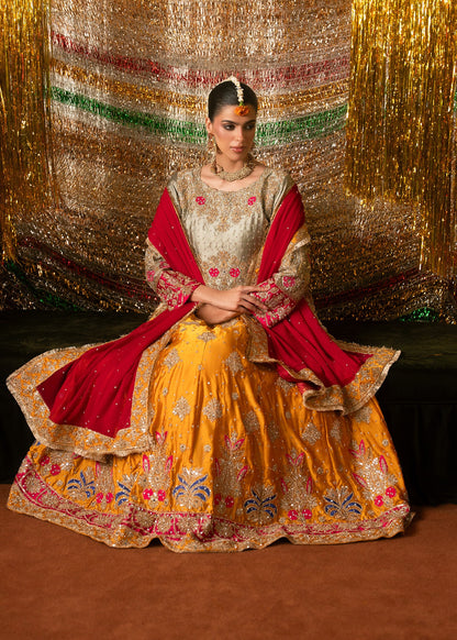 Sage Green Choli with Mustard Lehenga and Red Dupatta Online in KSA Riyadh Saudi Arabia Oman Bahrain Qatar