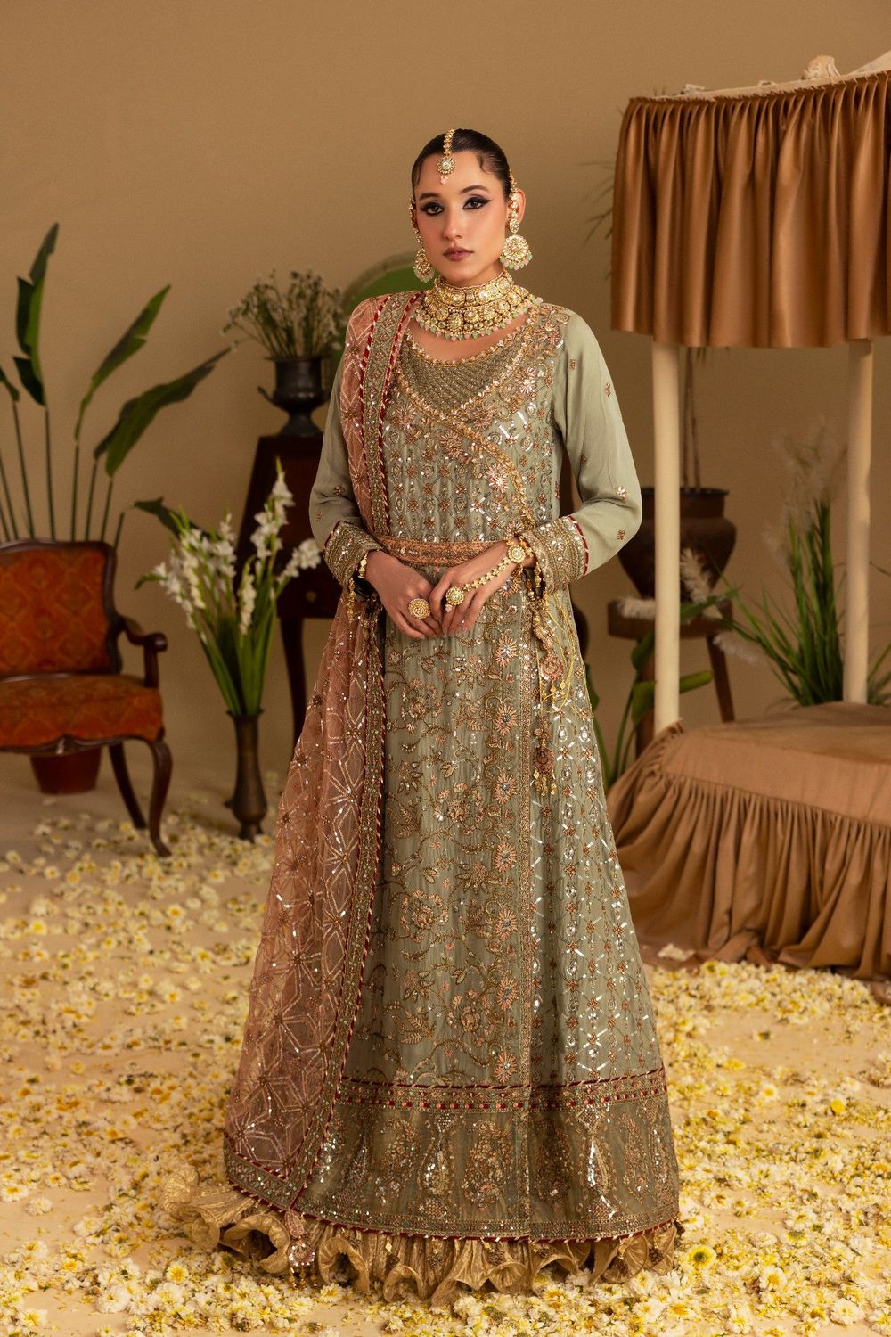 Sage Green Embellished Chiffon Angrakha Gown Online in Dubai UAE Abudhabi Ajman Sharjah