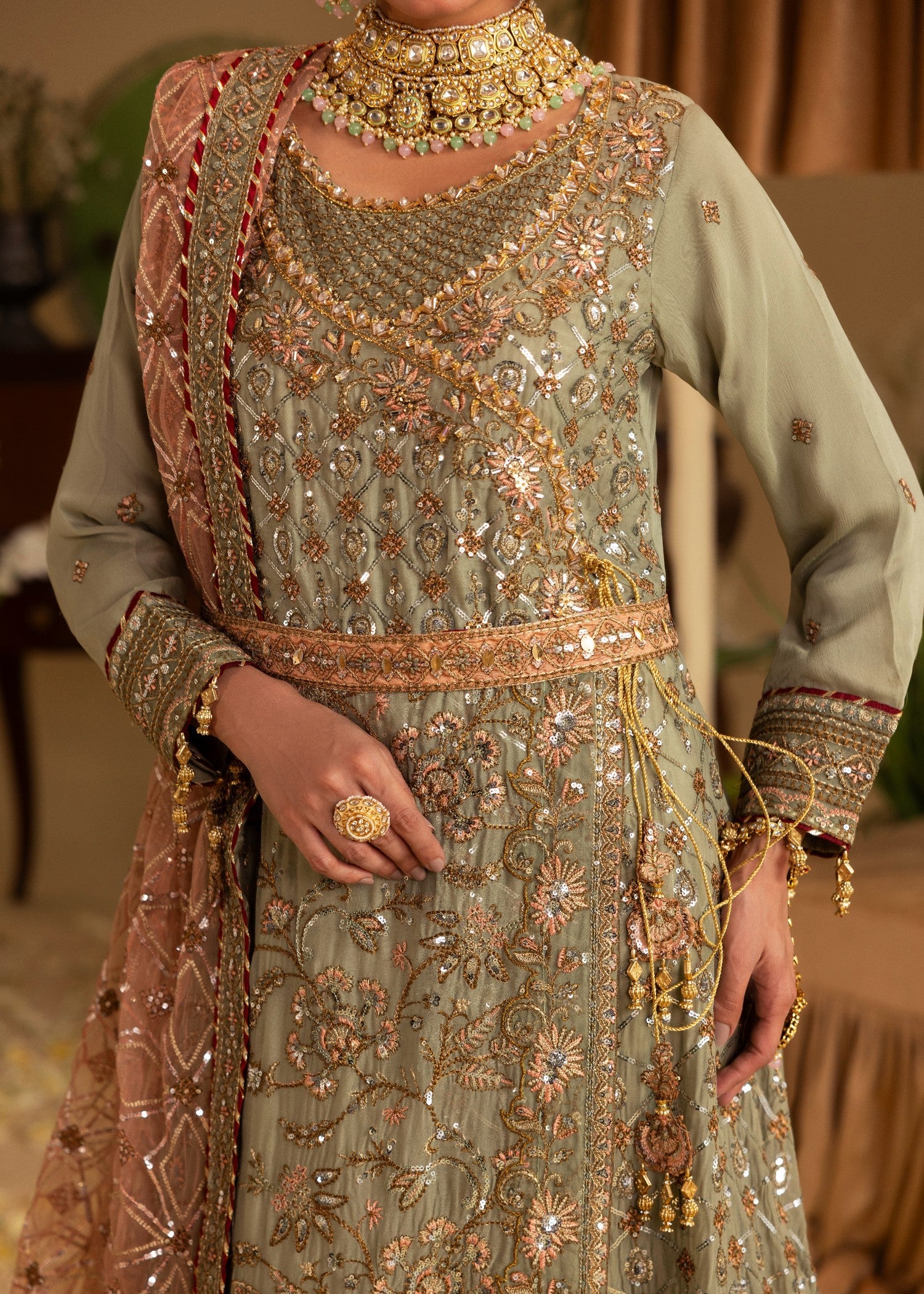 Sage Green Embellished Chiffon Formal Suit Online in Dubai UAE Abudhabi Ajman Sharjah
