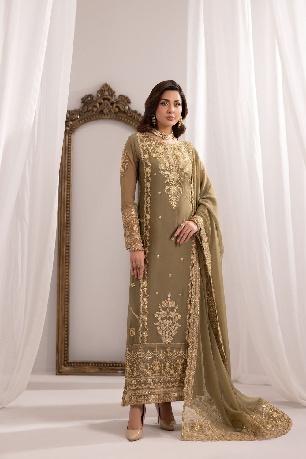 Sage Green Embroidered Bemberg Crinkle Chiffon Partywear Suit Online in Dubai UAE Abudhabi Ajman Sharjah