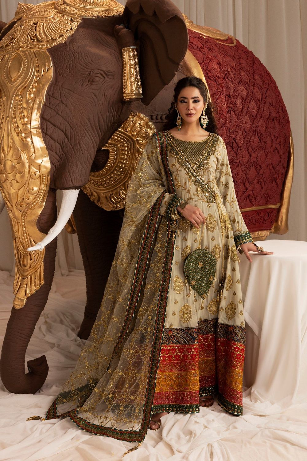 Sage Green Embroidered Chiffon Angrakha Gown Online in Dubai UAE Abudhabi Ajman Sharjah