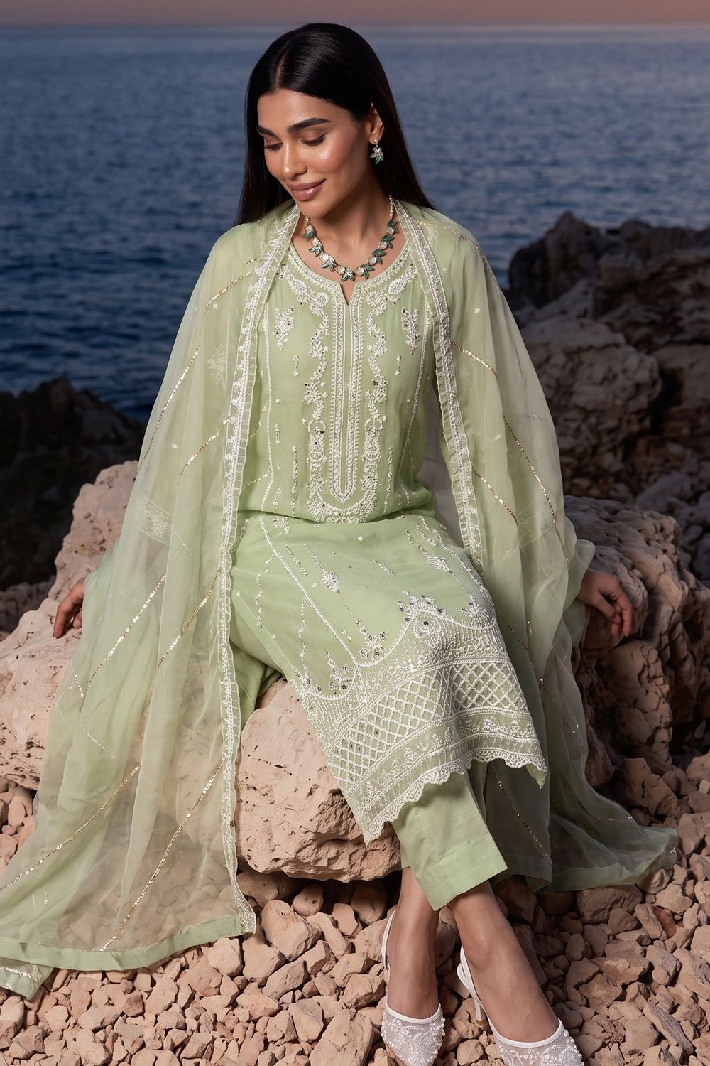 Sage Green Embroidered Chiffon Pakistani Suit Online in Dubai UAE Abudhabi Ajman Sharjah