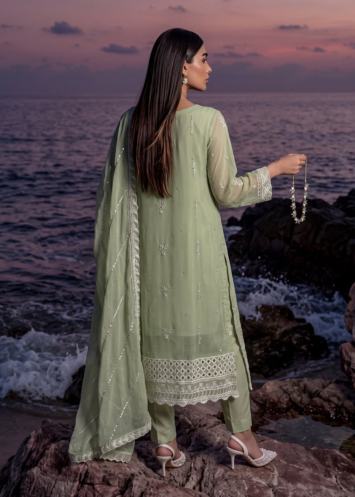 Sage Green Embroidered Chiffon Salwar Suit Online in Dubai DXB UAE Abudhabi Meena Bazaar