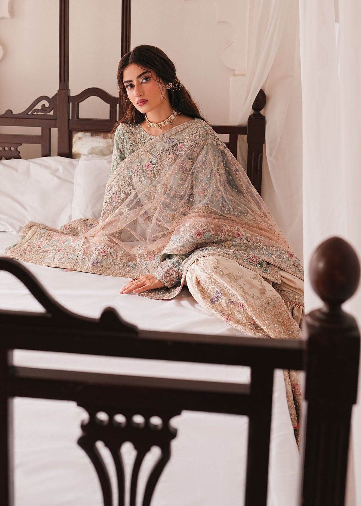 Sage Green Embroidered Gharara Net Online in KSA Riyadh Saudi Arabia Oman Bahrain Qatar