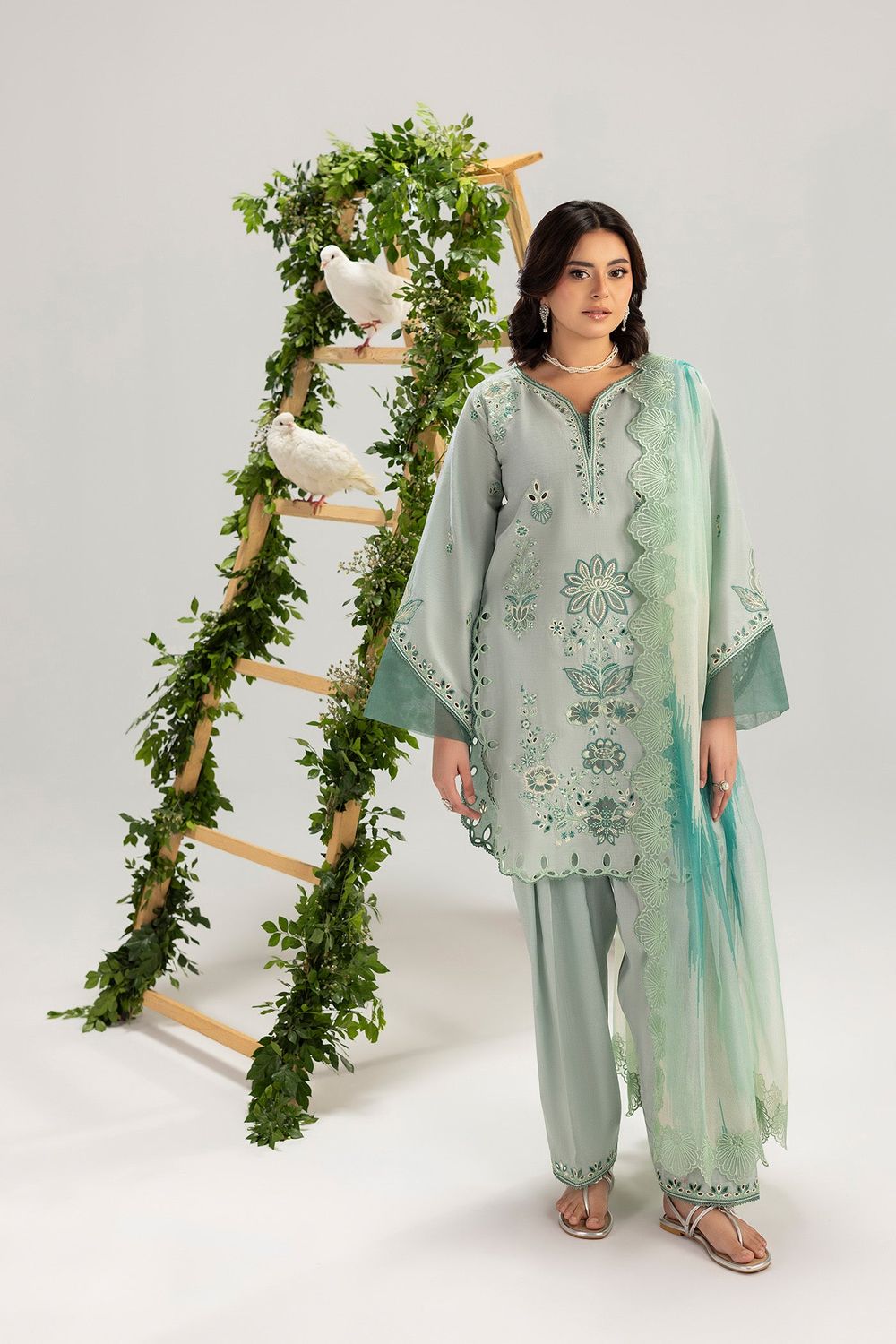 Sage Green Embroidered Lawn Festive Suit Online in Dubai UAE Abudhabi Ajman Sharjah